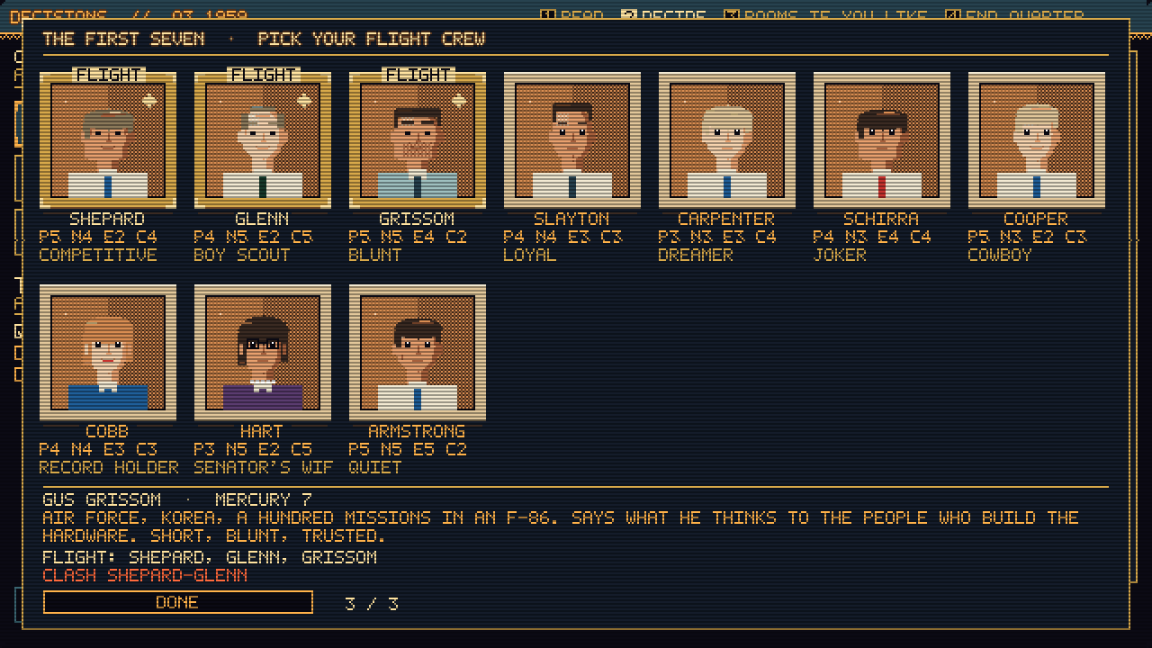 The First Seven: ten astronaut portraits in slide mounts, three of them marked FLIGHT, with each one's pilot, nerve, engineering and charm scores.