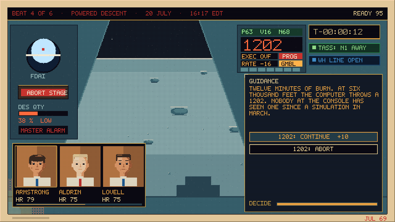 Powered descent, July 20: the guidance computer shows a 1202 alarm, the master alarm is lit, and the crew's heart rates sit under their portraits. Continue or abort.