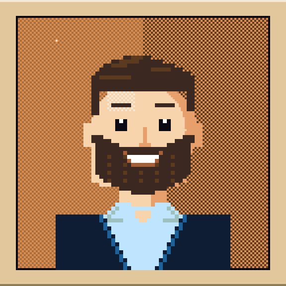 Jack Casady drawn as a portrait in the game: dark swept-up hair, a full beard, a wide grin, a light blue open collar and a navy blazer, in a cardboard slide mount.